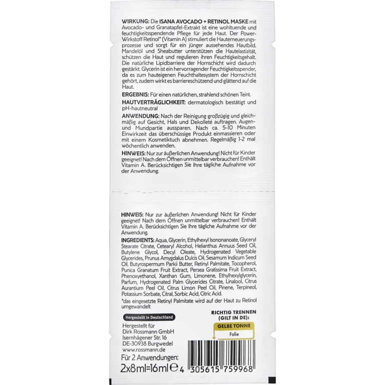 Back of ISANA Avocado & Retinol Glow Face Mask 2 x 8 ml showing ingredients and product information