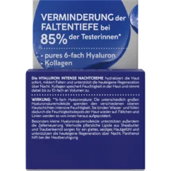 Back of ISANA Hyaluron Intense Night Cream 50 ml showing ingredients and product information