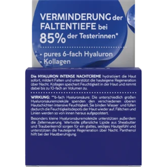 Back of ISANA Hyaluron Intense Night Cream 50 ml showing ingredients and product information