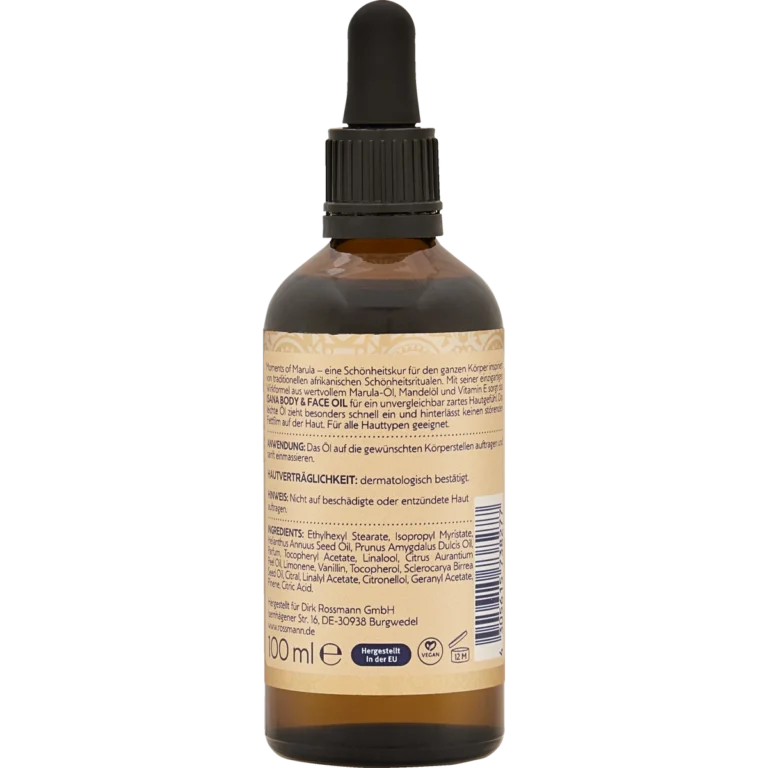 ISANA Moments of Marula Multi-Purpose Oil, 100 ml Back of ISANA Moments of Marula Multi-Purpose Oil 100 ml showing ingredients and product information