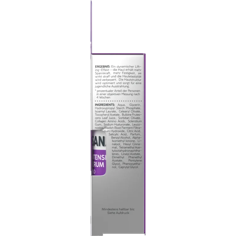 Back of ISANA Pro-Collagen Intensive Serum 30 ml showing ingredients and product information