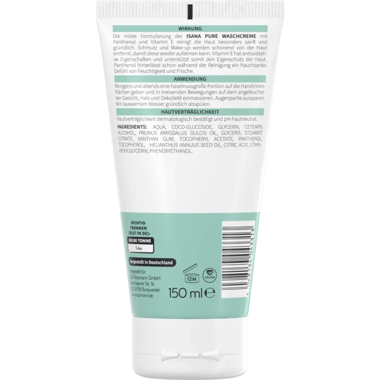 Back of ISANA Pure Cleansing Cream 150 ml showing ingredients and product information