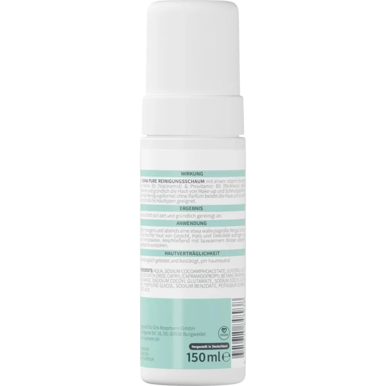 Back of ISANA Pure Cleansing Foam 150 ml showing ingredients and product information