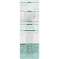 ISANA Pure Hyaluronic Acid Eye Cream, 15 ml Back of ISANA Pure Hyaluronic Acid Eye Cream 15 ml showing ingredients and product information