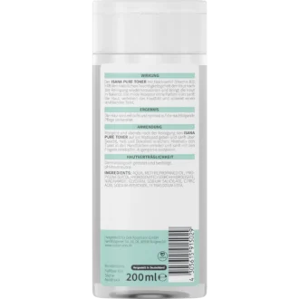 Back of ISANA Pure Niacinamide Toner 200 ml showing ingredients and product information