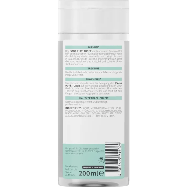 Back of ISANA Pure Niacinamide Toner 200 ml showing ingredients and product information