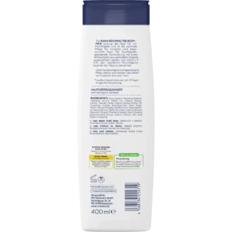 Back of ISANA Rich Body Milk 400 ml showing ingredients and product information