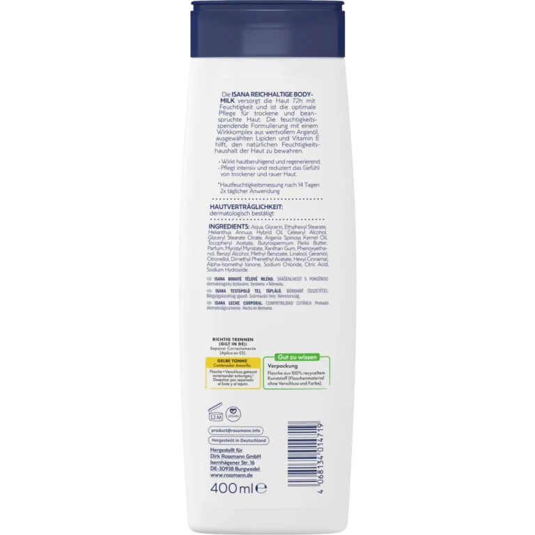 ISANA Rich Body Milk, 400 ml Back of ISANA Rich Body Milk 400 ml showing ingredients and product information