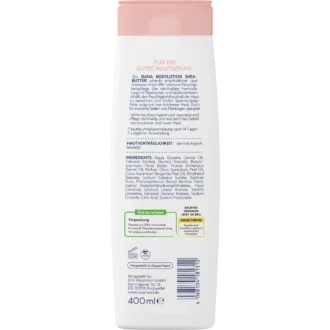 Back of ISANA Shea Butter Body Lotion 400 ml showing ingredients and product information