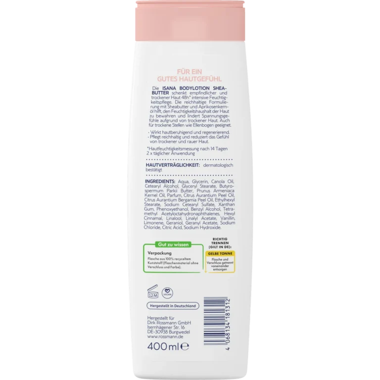Back of ISANA Shea Butter Body Lotion 400 ml showing ingredients and product information