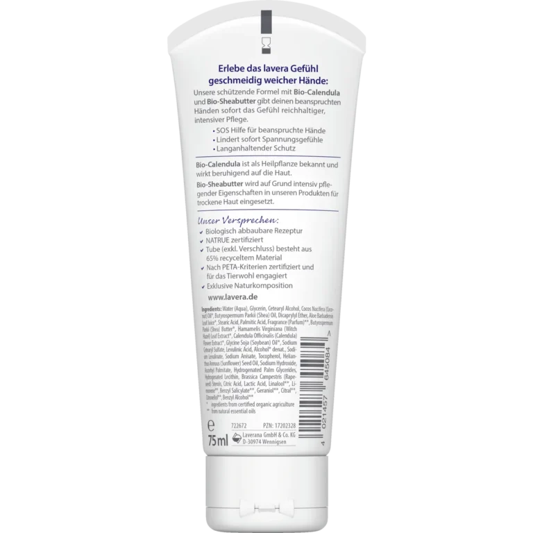 Back of lavera Repair Hand Cream 75 ml packaging