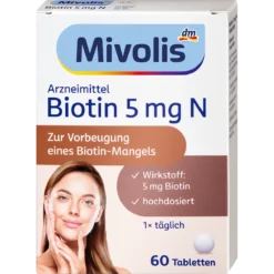 Mivolis Biotin 5 mg N high-dose biotin tablets, 60 count