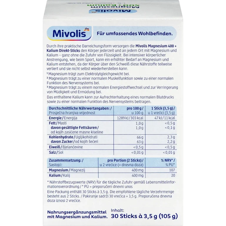 Mivolis Magnesium 400 + Potassium Direct Sticks back with product information