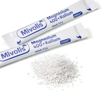 Mivolis magnesium and potassium peach-flavored direct granules
