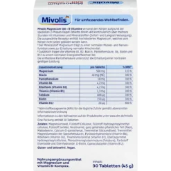 Mivolis Magnesium 500 + B Vitamins 2-Phase Depot Tablets, 30 Tablets Mivolis Magnesium 500 + B Vitamins Depot Tablets back with nutrition information