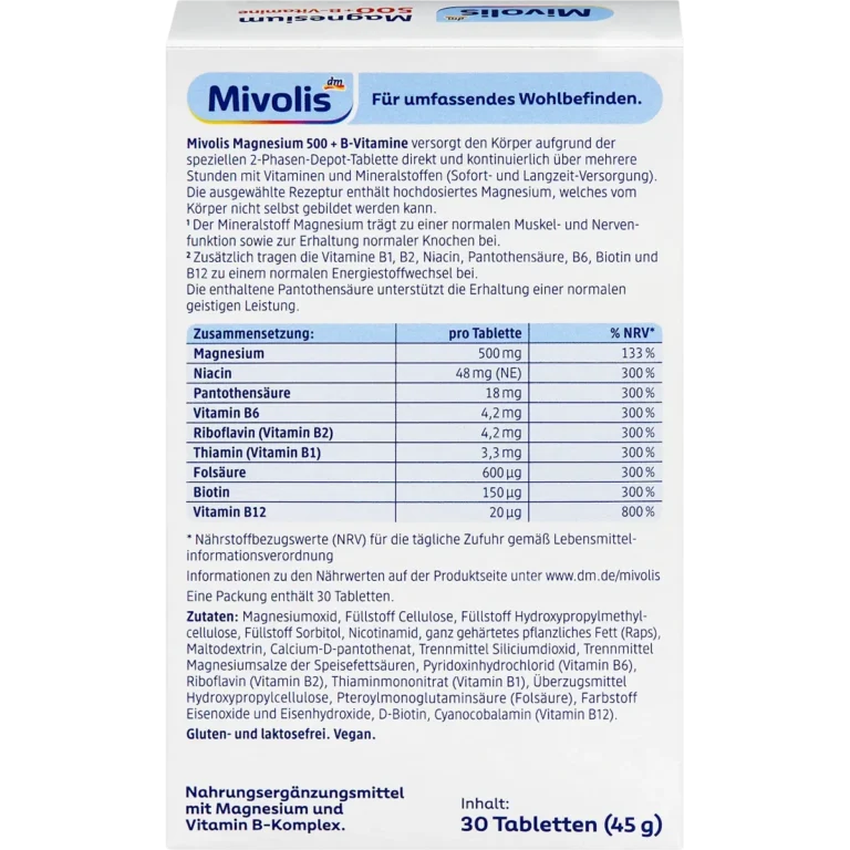 Mivolis Magnesium 500 + B Vitamins 2-Phase Depot Tablets, 30 Tablets Mivolis Magnesium 500 + B Vitamins Depot Tablets back with nutrition information