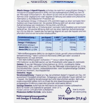 Mivolis Omega-3 Algae Oil Capsules back with nutrition facts, ingredients and directions