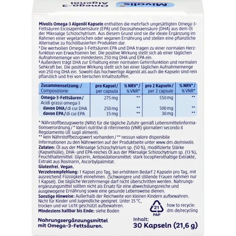 Mivolis Omega-3 Algae Oil Capsules, 30 pc Mivolis Omega-3 Algae Oil Capsules back with nutrition facts, ingredients and directions