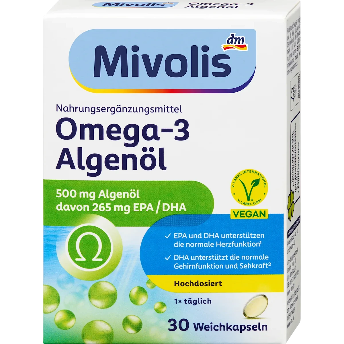 Mivolis Omega-3 Algae Oil Capsules, 30 pc Mivolis Omega-3 Algae Oil Capsules with vegan EPA and DHA, 30 capsules