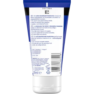 Back of Neutrogena Norwegian Formula Fast Absorbing Hand Cream 75 ml showing ingredients and product information