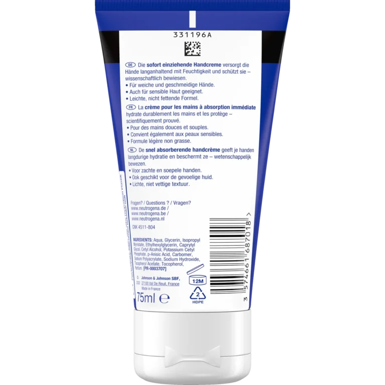 Back of Neutrogena Norwegian Formula Fast Absorbing Hand Cream 75 ml showing ingredients and product information