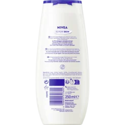 Back of NIVEA Caramel Fudge Shower Gel 250 ml showing ingredients and product information