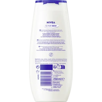 Back of NIVEA Caramel Fudge Shower Gel 250 ml showing ingredients and product information