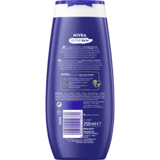 Back of NIVEA Creme Care Shower Gel 250 ml showing ingredients and product information