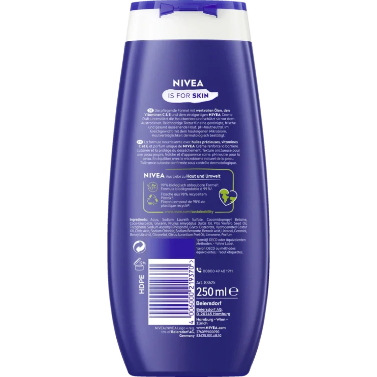 Back of NIVEA Creme Care Shower Gel 250 ml showing ingredients and product information