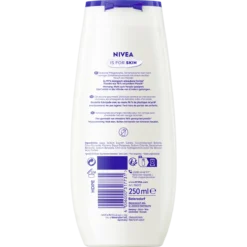 Back of NIVEA Dark Chocolate Cookie Shower Gel 250 ml showing ingredients and product information