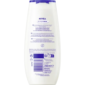 Back of NIVEA Dark Chocolate Cookie Shower Gel 250 ml showing ingredients and product information