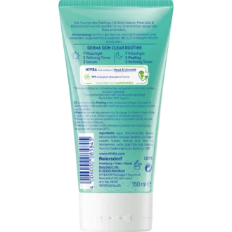 Back of NIVEA Derma Skin Clear Exfoliating Scrub 150 ml showing ingredients and product information