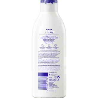 Back of NIVEA Lemongrass & Care Body Lotion 400 ml showing ingredients and product information
