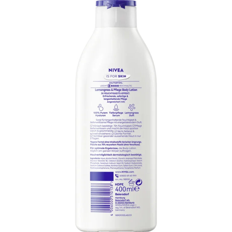 Nivea Lemongrass & Care Body Lotion, 400ml Back of NIVEA Lemongrass & Care Body Lotion 400 ml showing ingredients and product information
