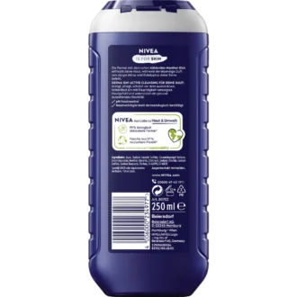 Back of NIVEA MEN Cool Kick Shower Gel 250 ml showing ingredients and product information