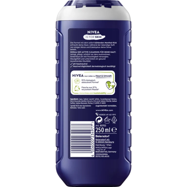 Back of NIVEA MEN Cool Kick Shower Gel 250 ml showing ingredients and product information