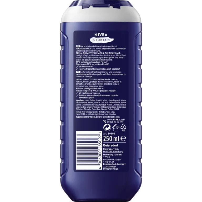 Back of NIVEA MEN Fresh Energy 5-in-1 Shower Gel 250 ml showing ingredients and product information