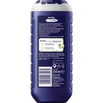 Back of NIVEA MEN Fresh Relax 5-in-1 Shower Gel 250 ml showing ingredients and product information
