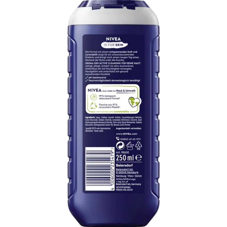 Back of NIVEA MEN Fresh Relax 5-in-1 Shower Gel 250 ml showing ingredients and product information