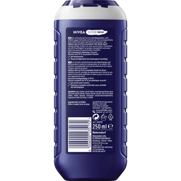 Back of NIVEA MEN Fresh Sport 5-in-1 Shower Gel 250 ml showing ingredients and product information