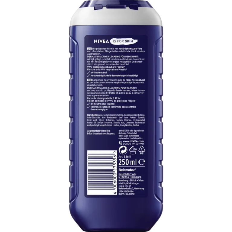 Back of NIVEA MEN Hydro Care 5-in-1 Shower Gel 250 ml showing ingredients and product information