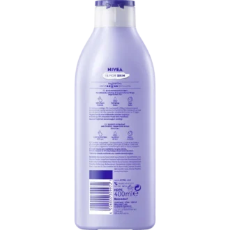 Back of NIVEA Pampering Soft Body Milk 400 ml showing ingredients and product information