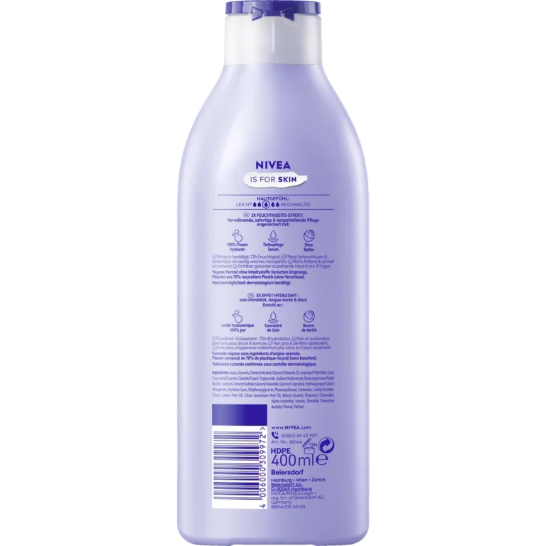 NIVEA Pampering Soft Milk Body Lotion 400 ml Back of NIVEA Pampering Soft Body Milk 400 ml showing ingredients and product information