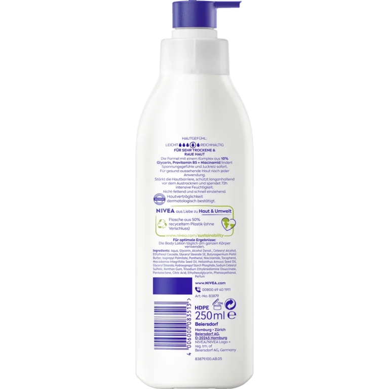 NIVEA Repair & Care Body Lotion 250 ml Back of NIVEA Repair & Care Body Lotion 250 ml showing ingredients and product information