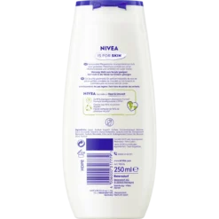 Back of NIVEA Vanilla Pecan Praline Shower Gel 250 ml showing ingredients and product information
