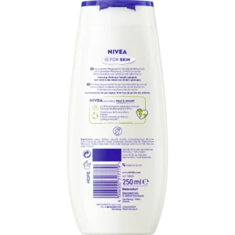 Back of NIVEA Vanilla Pecan Praline Shower Gel 250 ml showing ingredients and product information