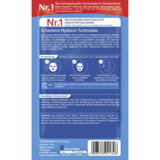 Back of Schaebens Hyaluronic Acid Sheet Mask showing ingredients and product information