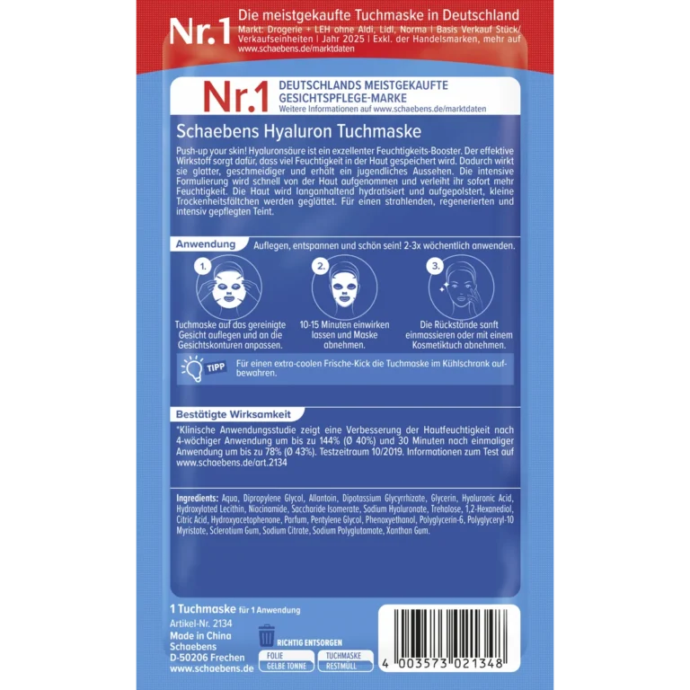 Back of Schaebens Hyaluronic Acid Sheet Mask showing ingredients and product information