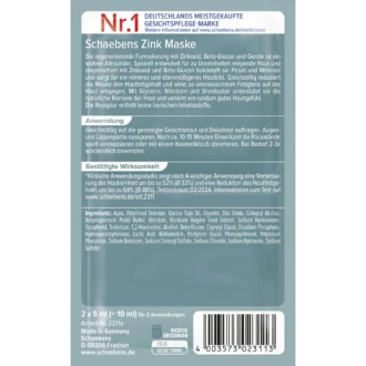Back of Schaebens Zinc Face Mask 2 x 5 ml showing ingredients and product information