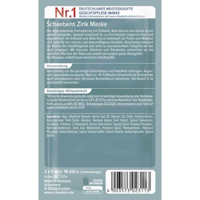 Back of Schaebens Zinc Face Mask 2 x 5 ml showing ingredients and product information